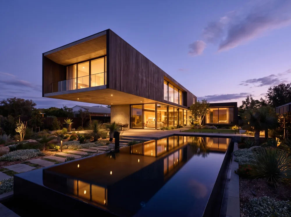 Architecturally designed new home at twilight by Keystone Builders