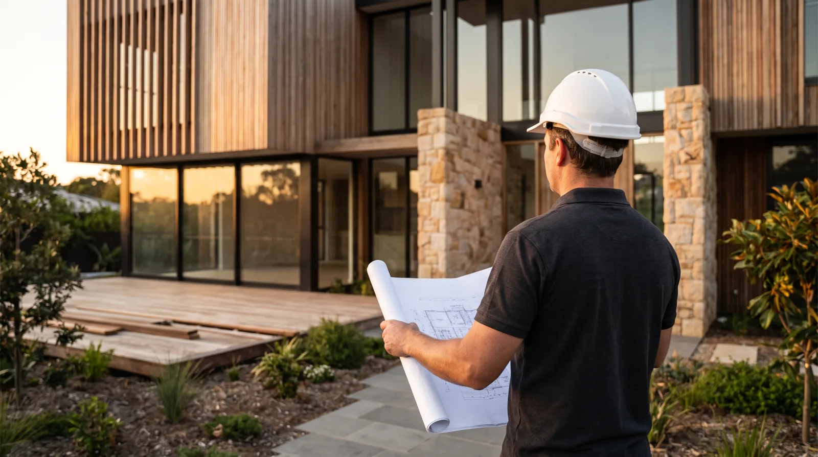 Licensed builder reviewing plans at a high-end new home by Keystone Builders