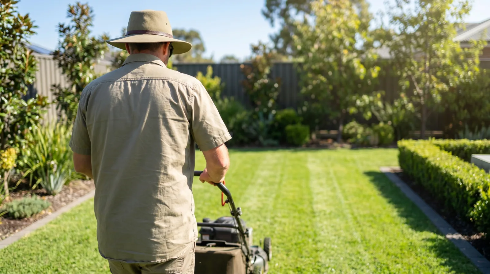 Professional gardener mowing and maintaining a lush Australian garden for Evergreen Gardens