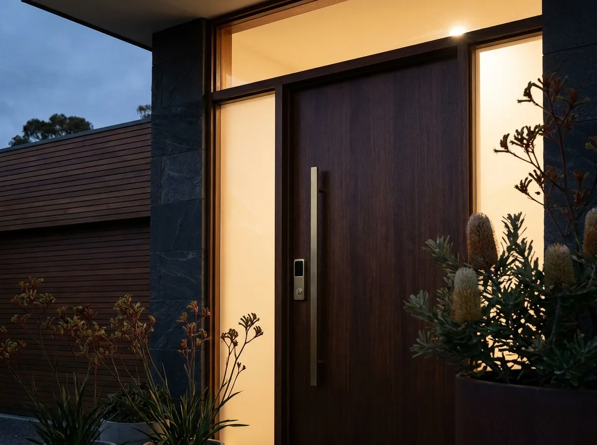 Licensed locksmith installing a premium deadbolt on a modern front door by Rapid Locksmiths