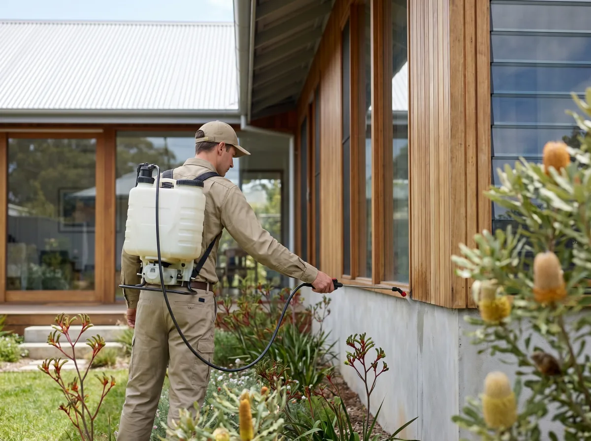 Licensed pest control technician treating the exterior of a modern Australian home by Shield Pest Control