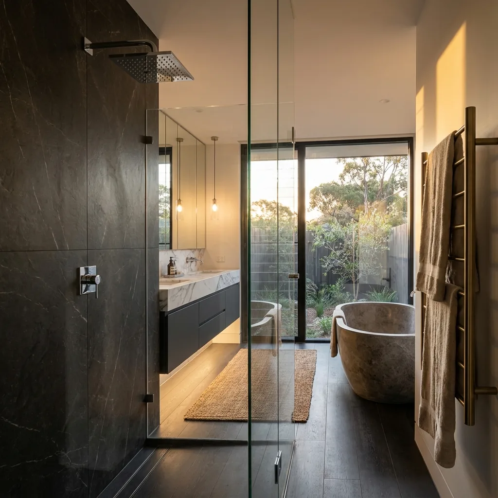 Luxury bathroom with rainfall shower and freestanding bath plumbing by Elite Plumbing