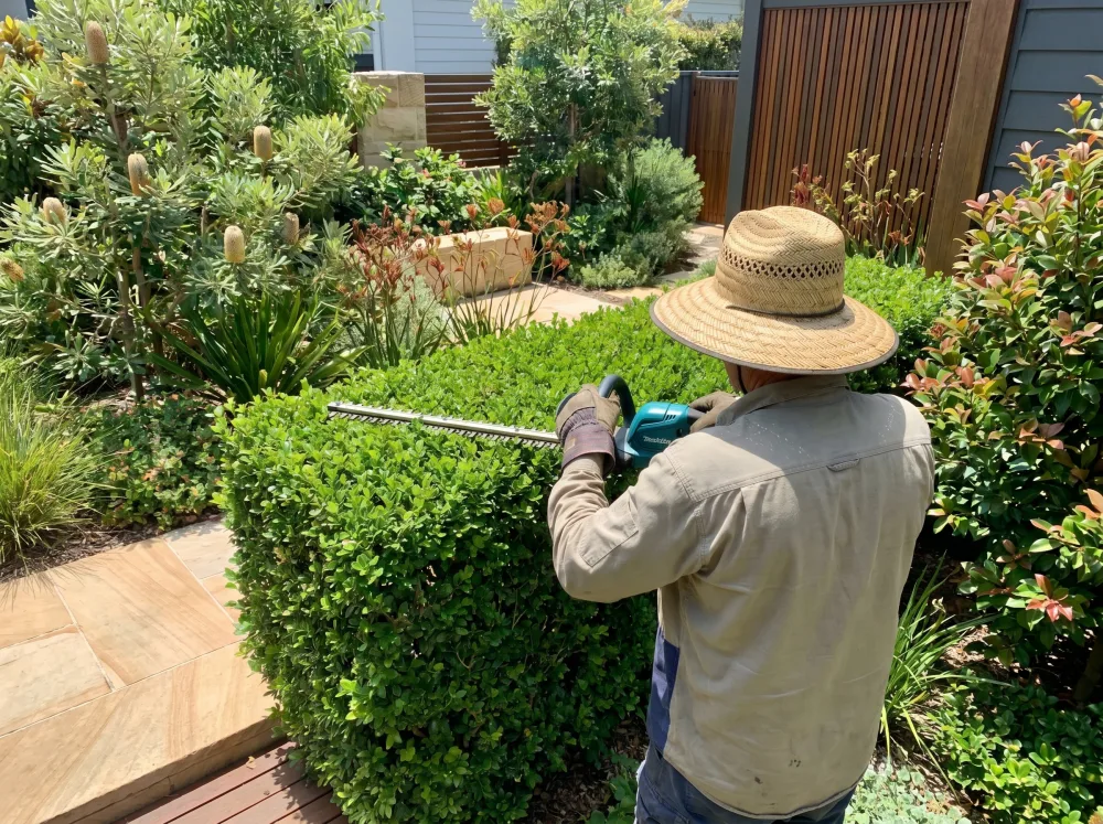 Gardener trimming a hedge in a modern Australian garden home by Evergreen Gardens
