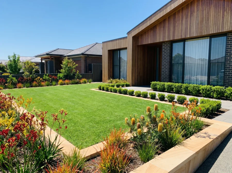 Branded garden maintenance trailer outside a modern Australian home by Evergreen Gardens
