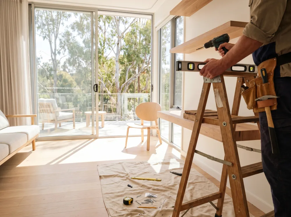 Handyman mounting a shelf on a wall with a cordless drill by TrueFix Handyman