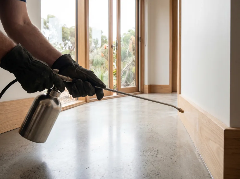 Licensed pest control technician treating a modern Australian home by Shield Pest Control