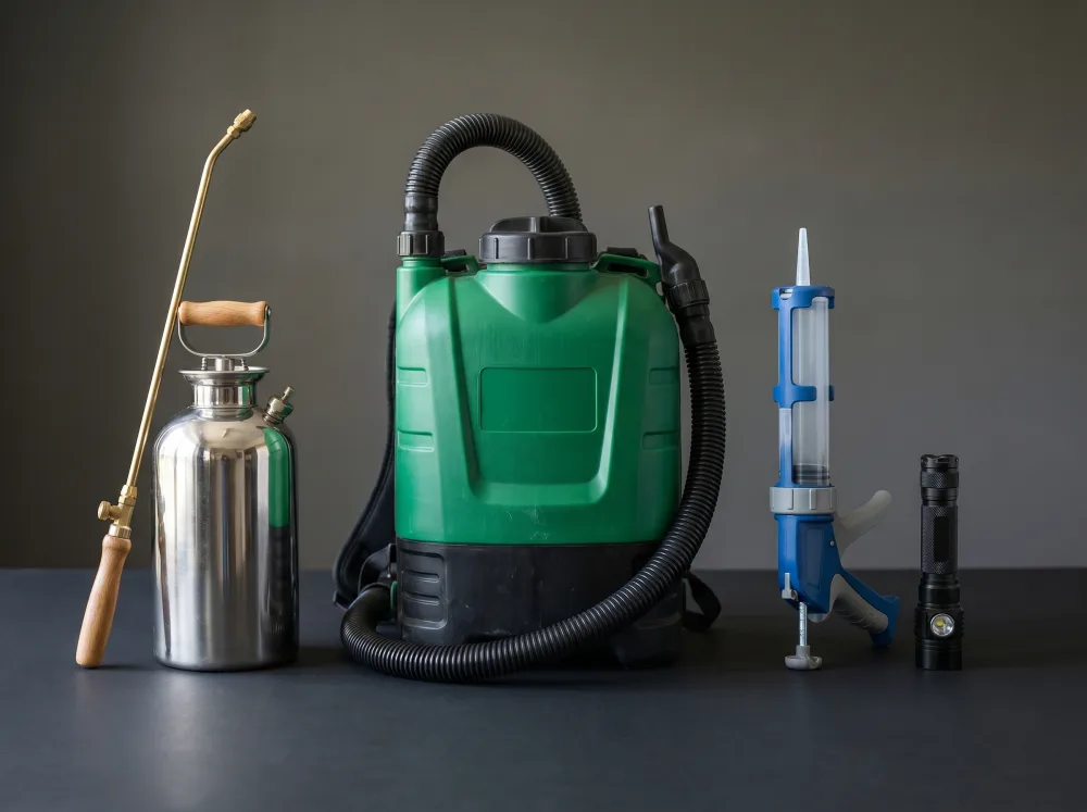 Pest control technician with backpack sprayer treating a home exterior by Shield Pest Control